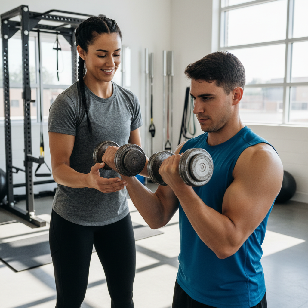 Personal trainer coaching a client with dumbbells in a well-lit private gym session