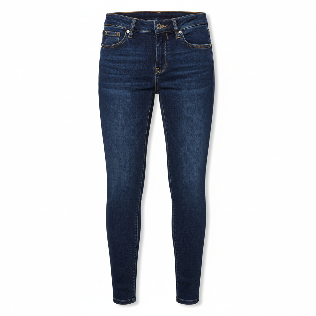 Woman wearing slim fit dark blue jeans, bright studio background