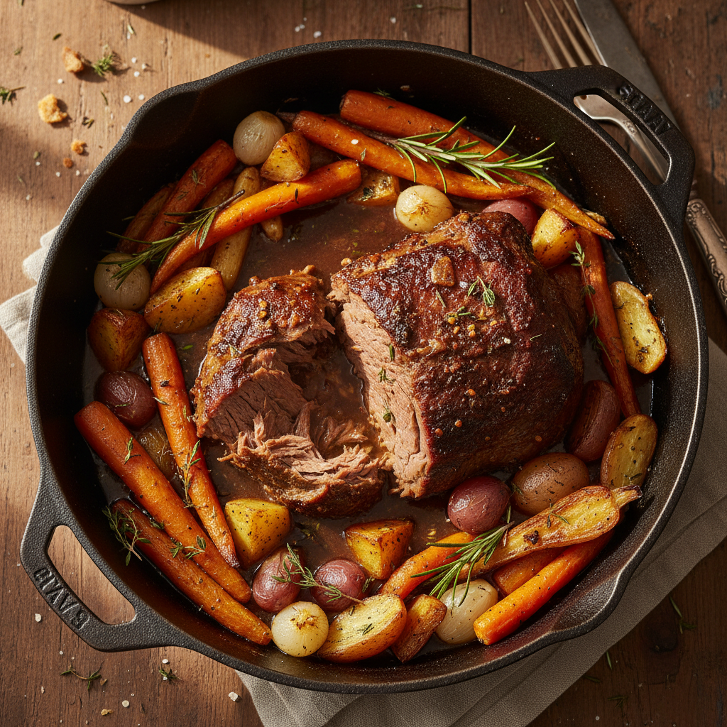 Slow-braised pot roast in a cast iron dish, surrounded by roasted vegetables, afternoon light