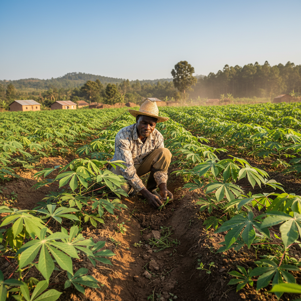 Cassava farmer in Ashanti region Ghana tending crop rows