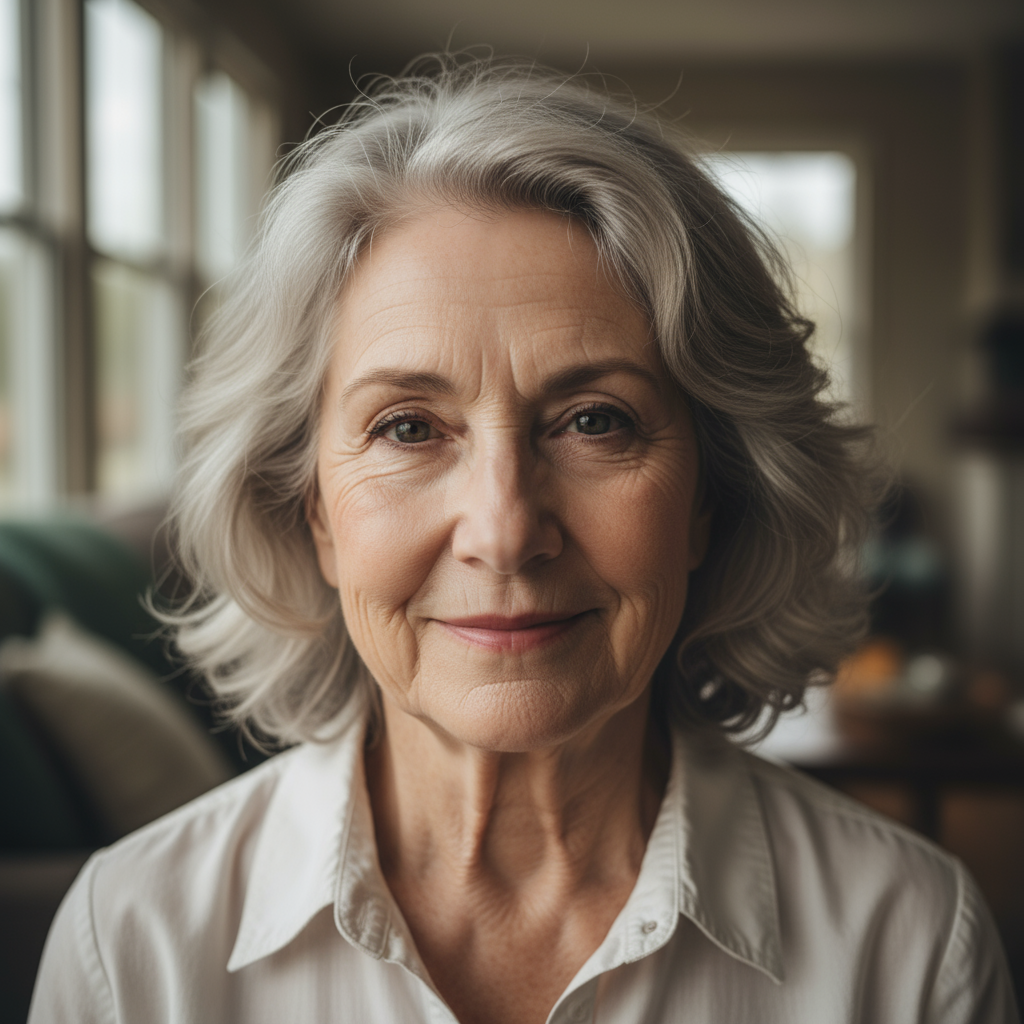 Older Scandinavian woman with kind eyes and silver hair