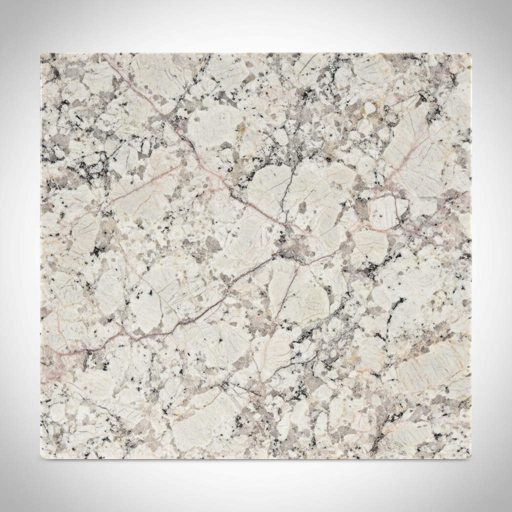 Bianco Antico granite slab with white and grey background and subtle pink mineral veining