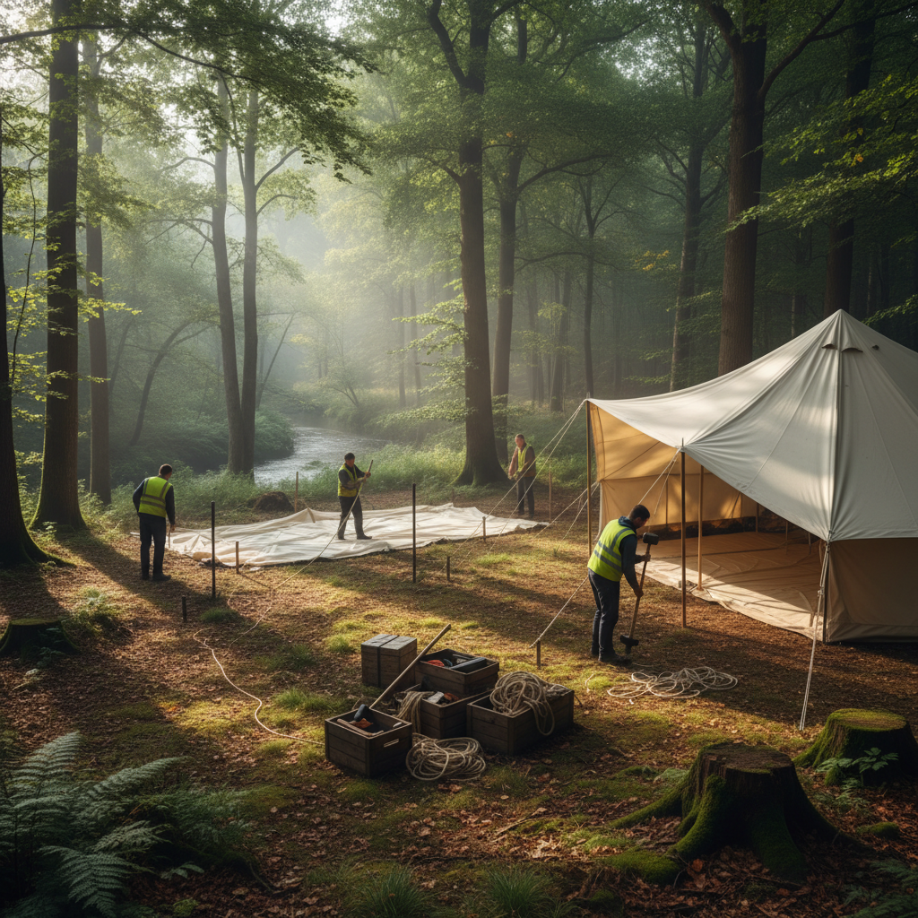 Wedding tent being staked in woodland clearing, morning light through trees, vendors working