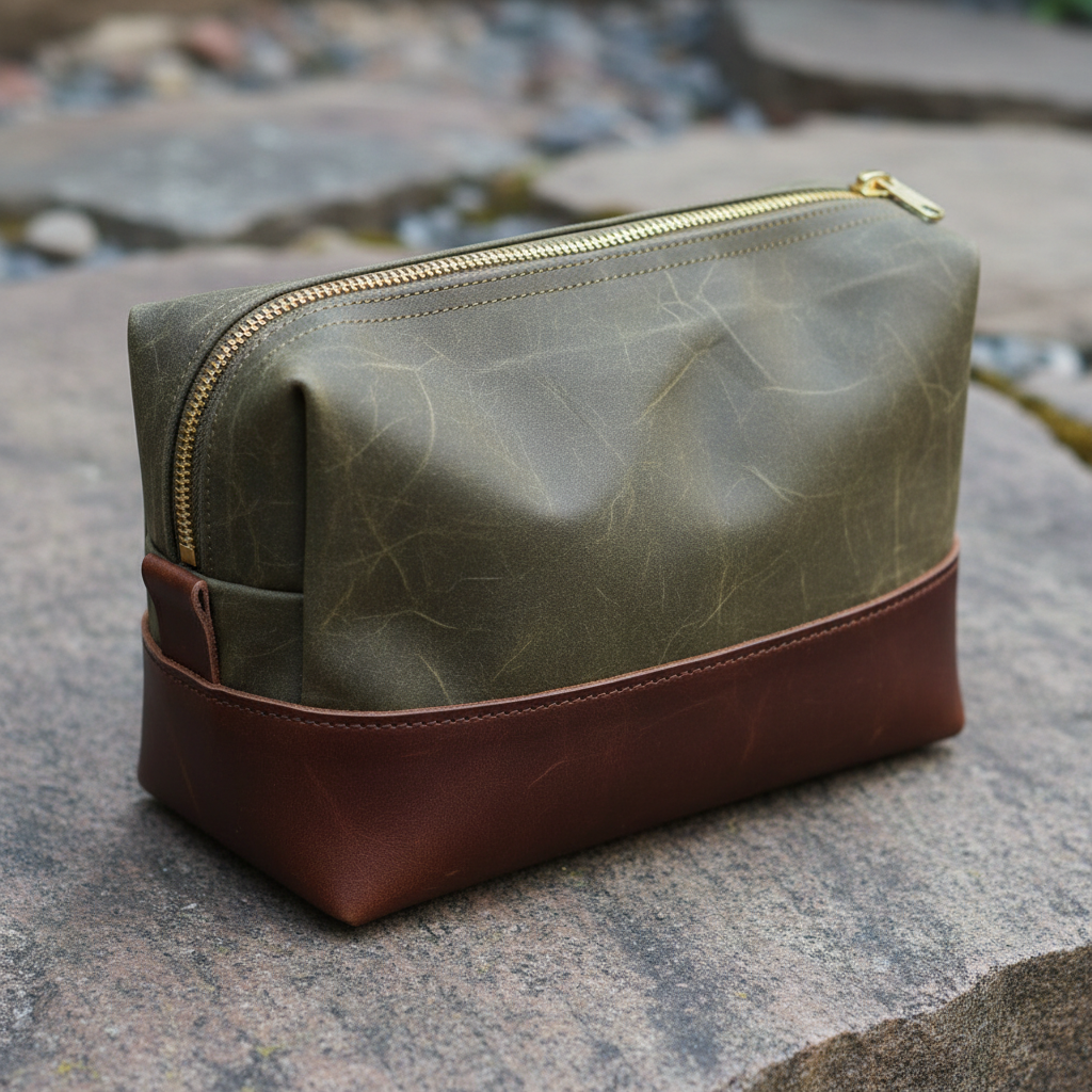 Olive waxed canvas dopp kit with bridle leather base and brass YKK zipper on stone surface