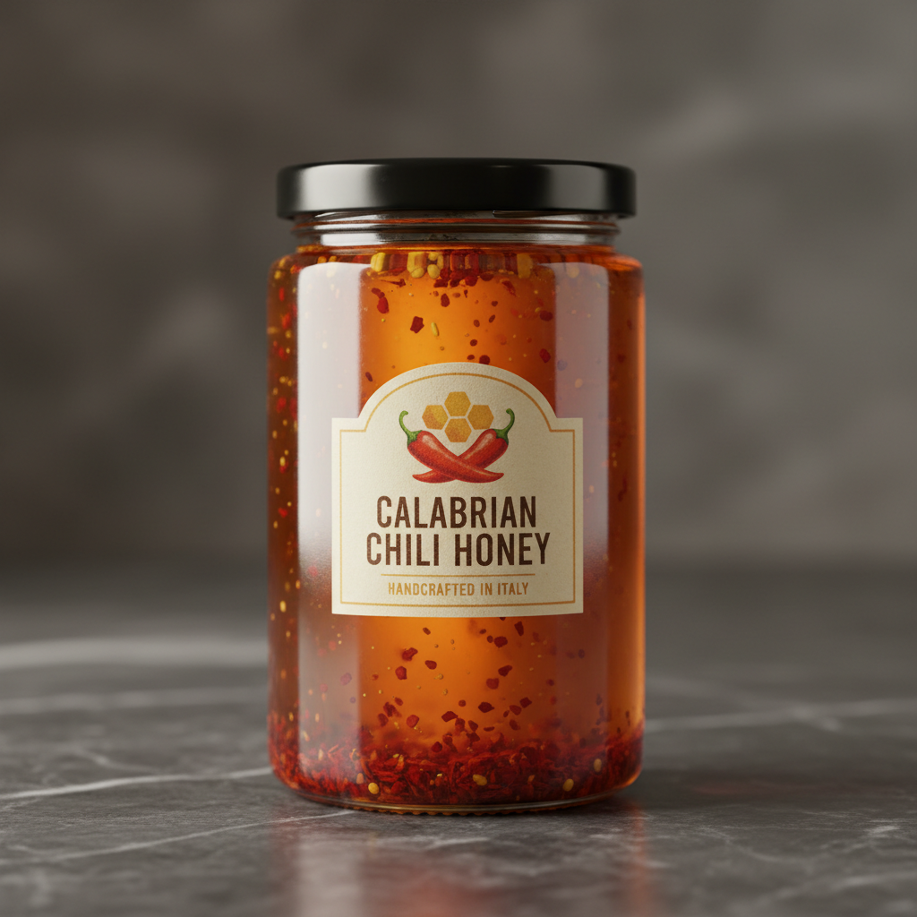 Glass jar of amber-colored Calabrian chili honey on dark marble surface