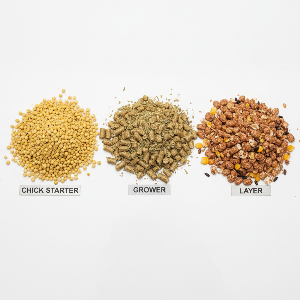 Premium chicken feed pellets displayed showing different formulations for poultry farming stages