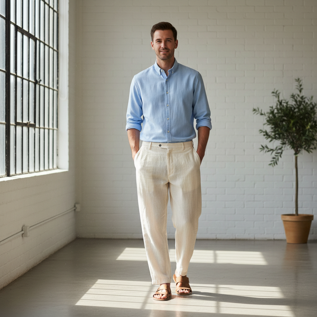 Airy bright studio with male model in relaxed cream chinos and linen shirt, soft diffused light, white background