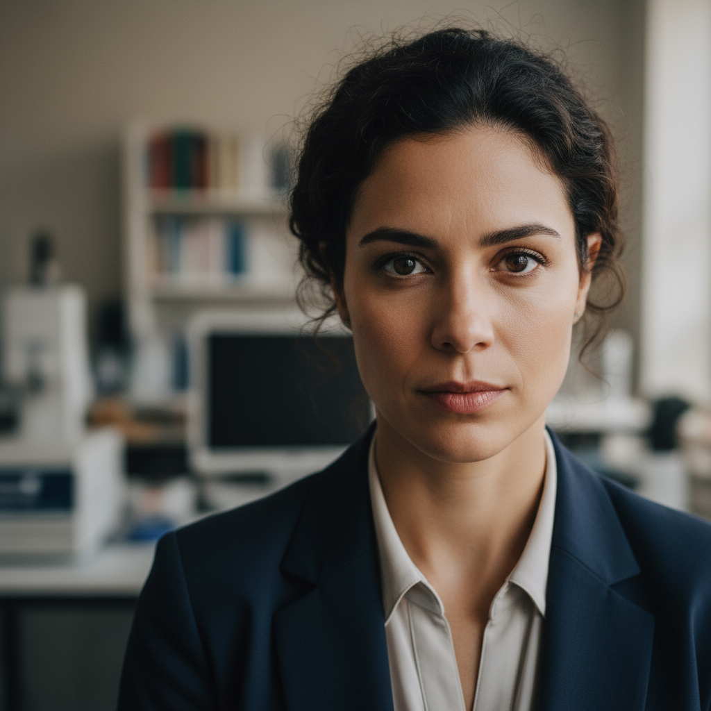 Priya Venkataraman, protocol researcher, looking at camera in professional setting