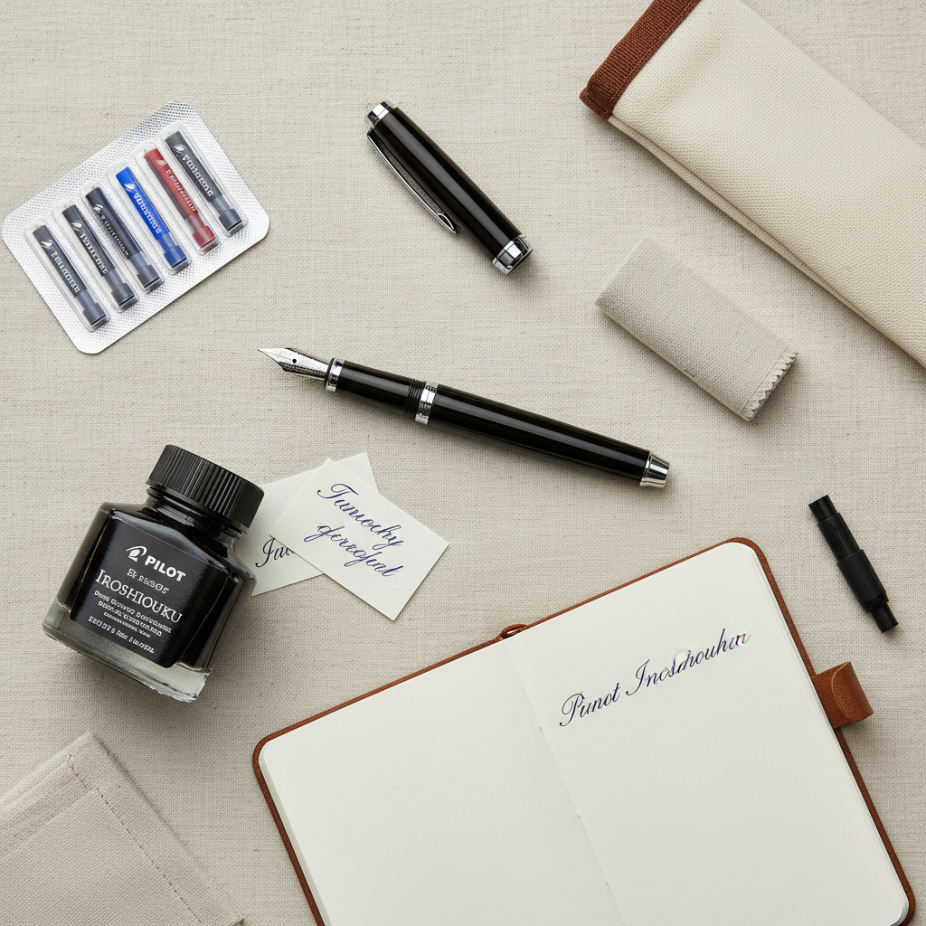Flat lay of beginner fountain pen starter kit items: a Pilot Metropolitan, a bottle of Pilot Iroshizuku ink, a Rhodia dot pad, and a brass pen rest on cream linen