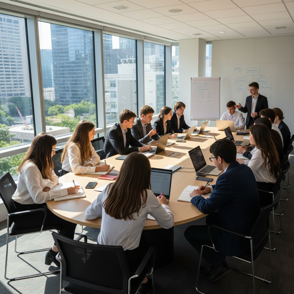 Business team in casual attire having open discussion in glass-walled conference room with natural lighting