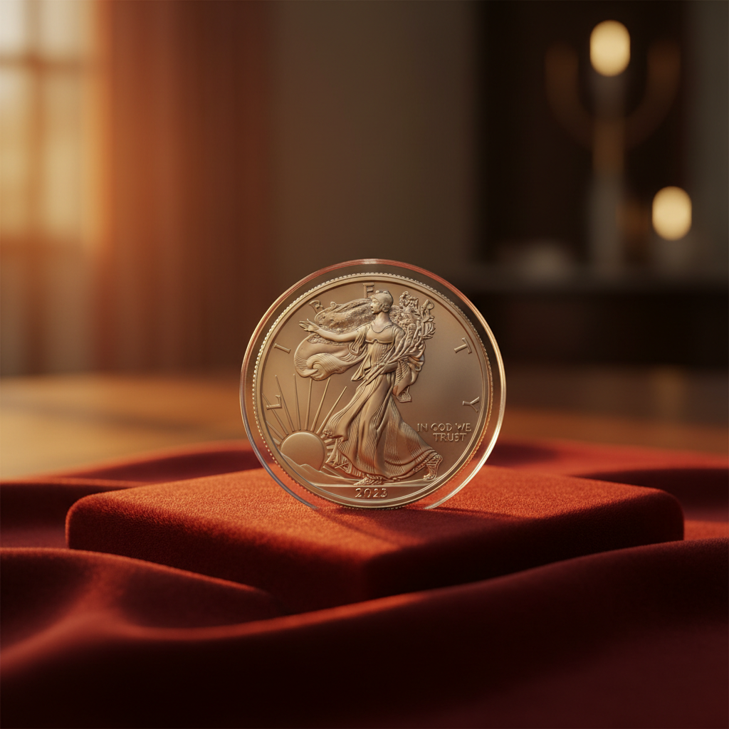 Commemorative silver Mandela coin in display capsule under museum lighting