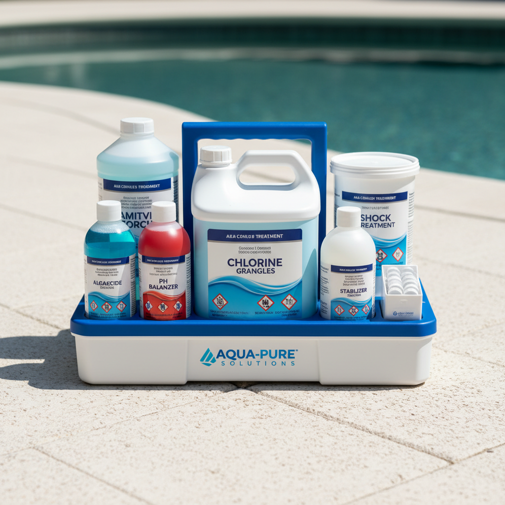 Pool chemical treatment products organized neatly in branded service kit on pool deck