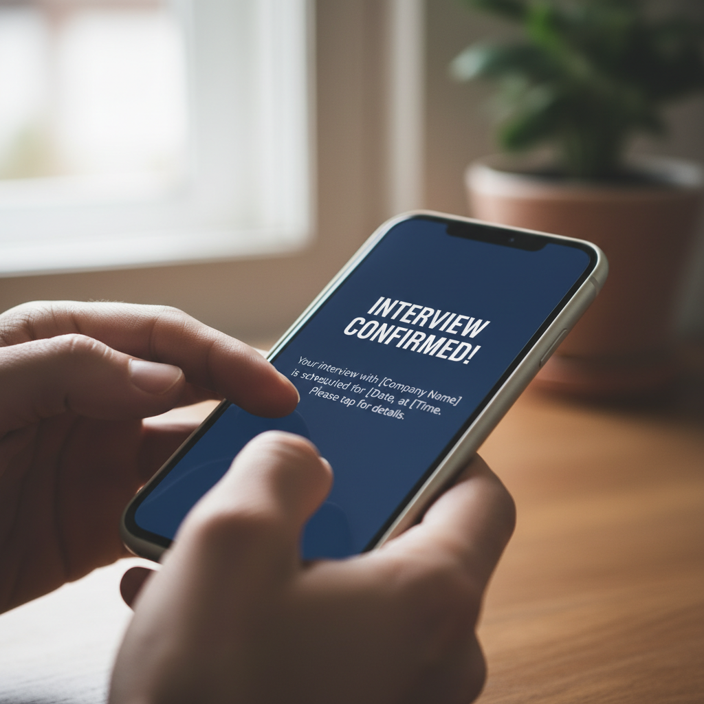 Fingers scrolling smartphone showing interview confirmation message, clinical scrubs visible
