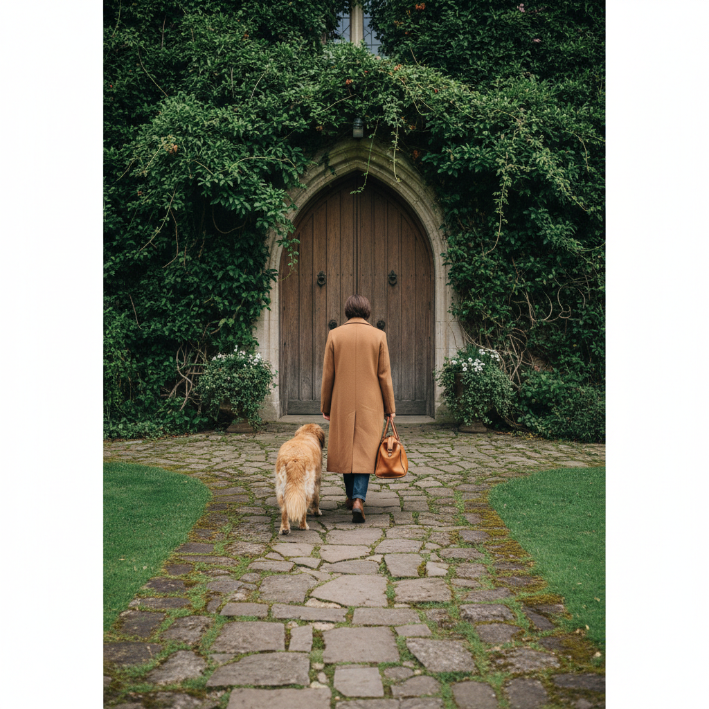 A figure in a camel overcoat walking a flagstone path toward an ivy-covered door, golden retriever at heel, leather weekender in hand