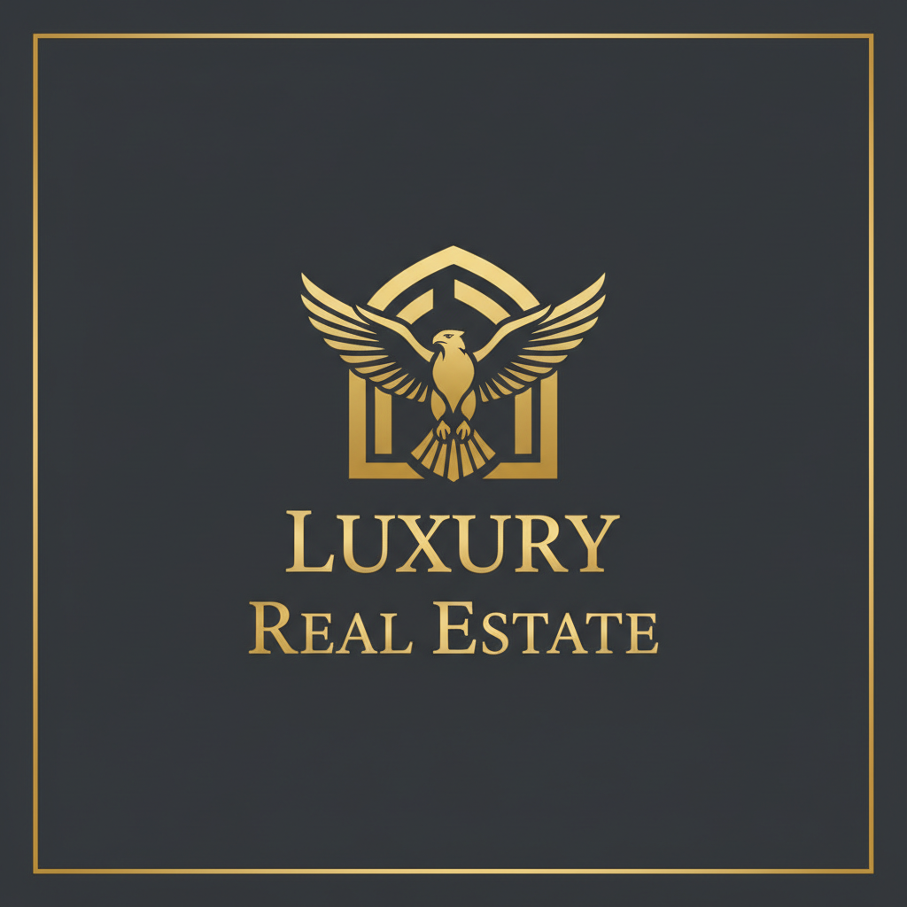 Professional real estate brand design materials on clean dark surface with gold accent details