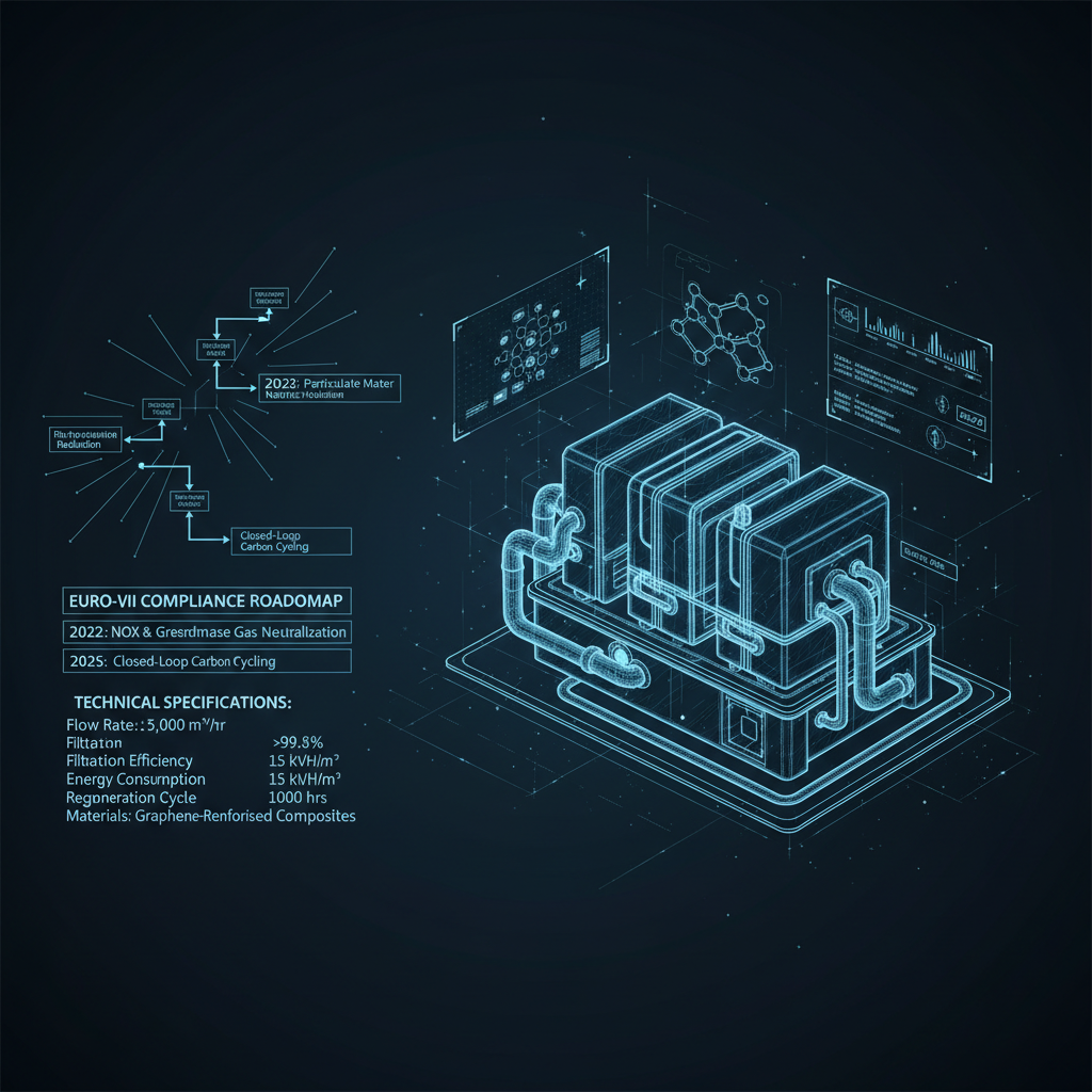 Futuristic emission control system blueprint with Euro-VII compliance roadmap and technical specifications