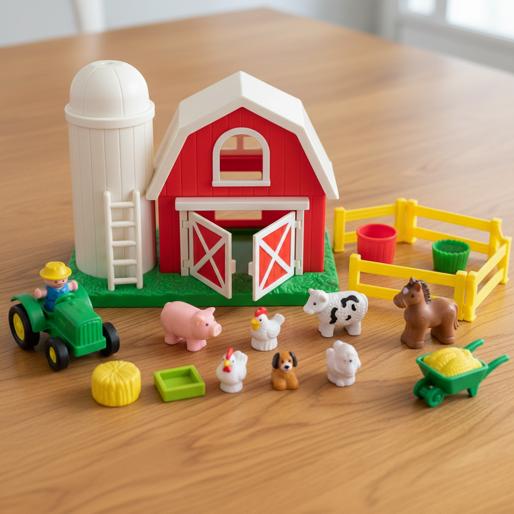 Classic Fisher-Price Little People farm set with all animal figures and accessories included