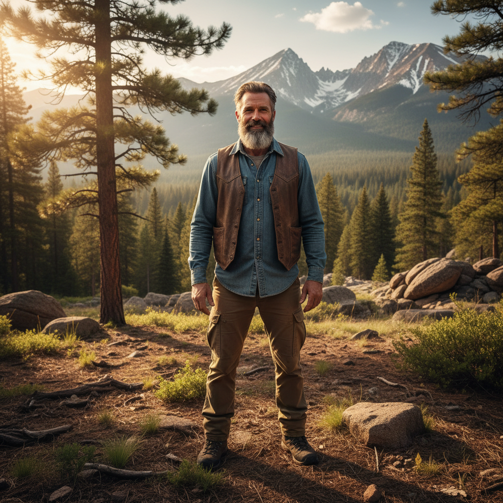 Man with full thick beard outdoors, natural light, rugged confident expression, dark moody background with deep shadows