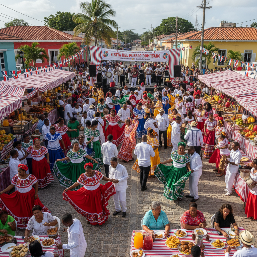 Village festival celebration with local Dominican community, music and traditional food stalls