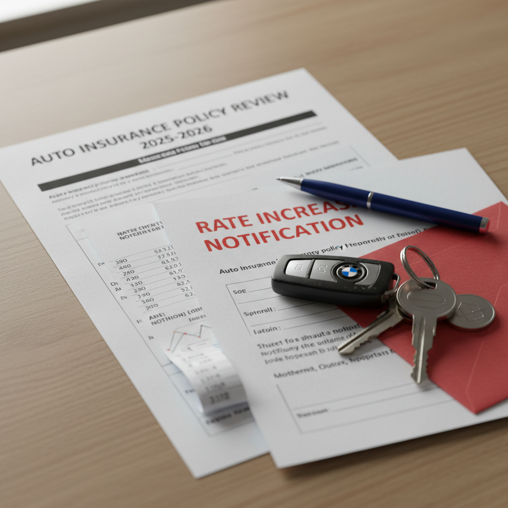 Insurance documents and car keys on a desk with a pen, representing the rising cost of auto insurance in 2025 and 2026