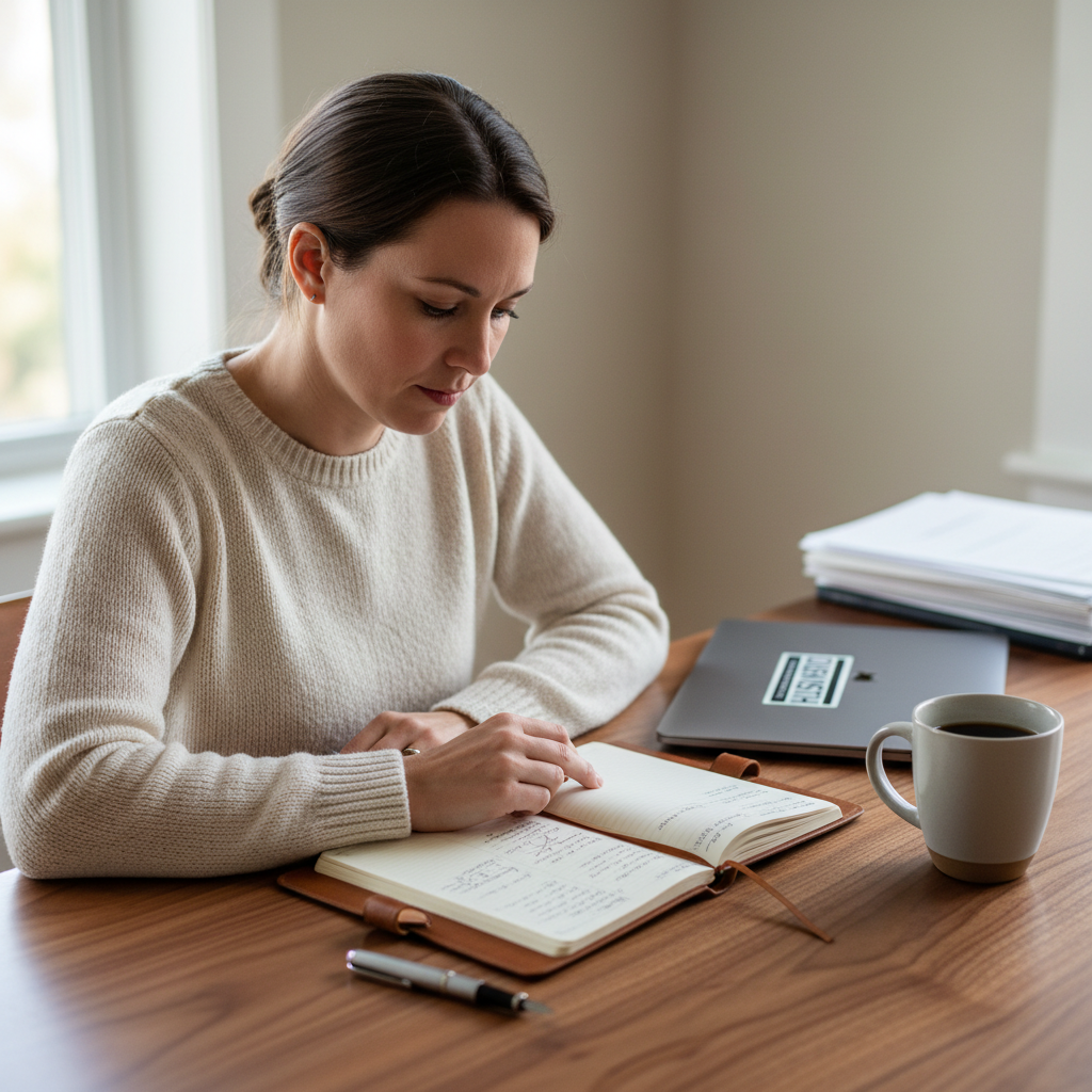 Editor of Dispatch newsletter — a focused professional at a walnut desk with a cup of coffee and open notebook, ambient morning light
