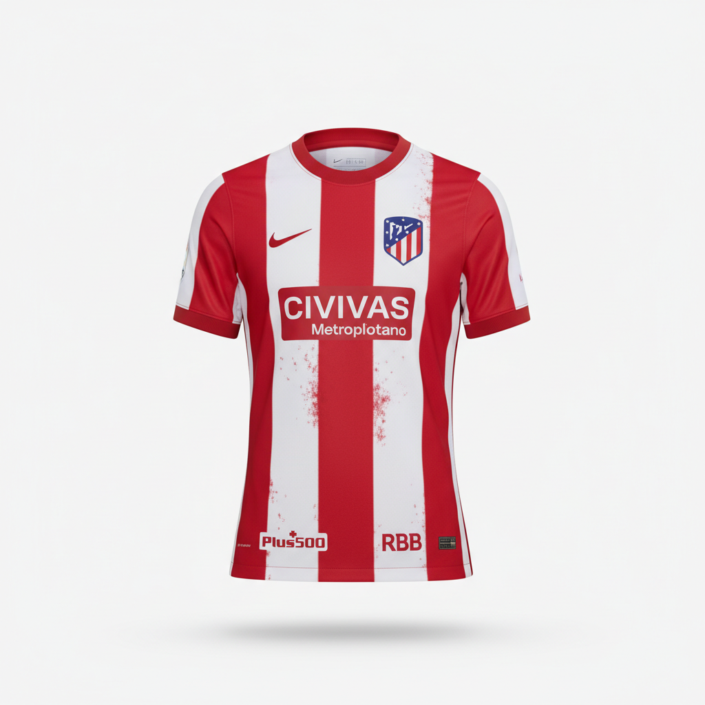 Red and white striped Atletico Madrid football jersey product photo, La Liga home kit, sportswear