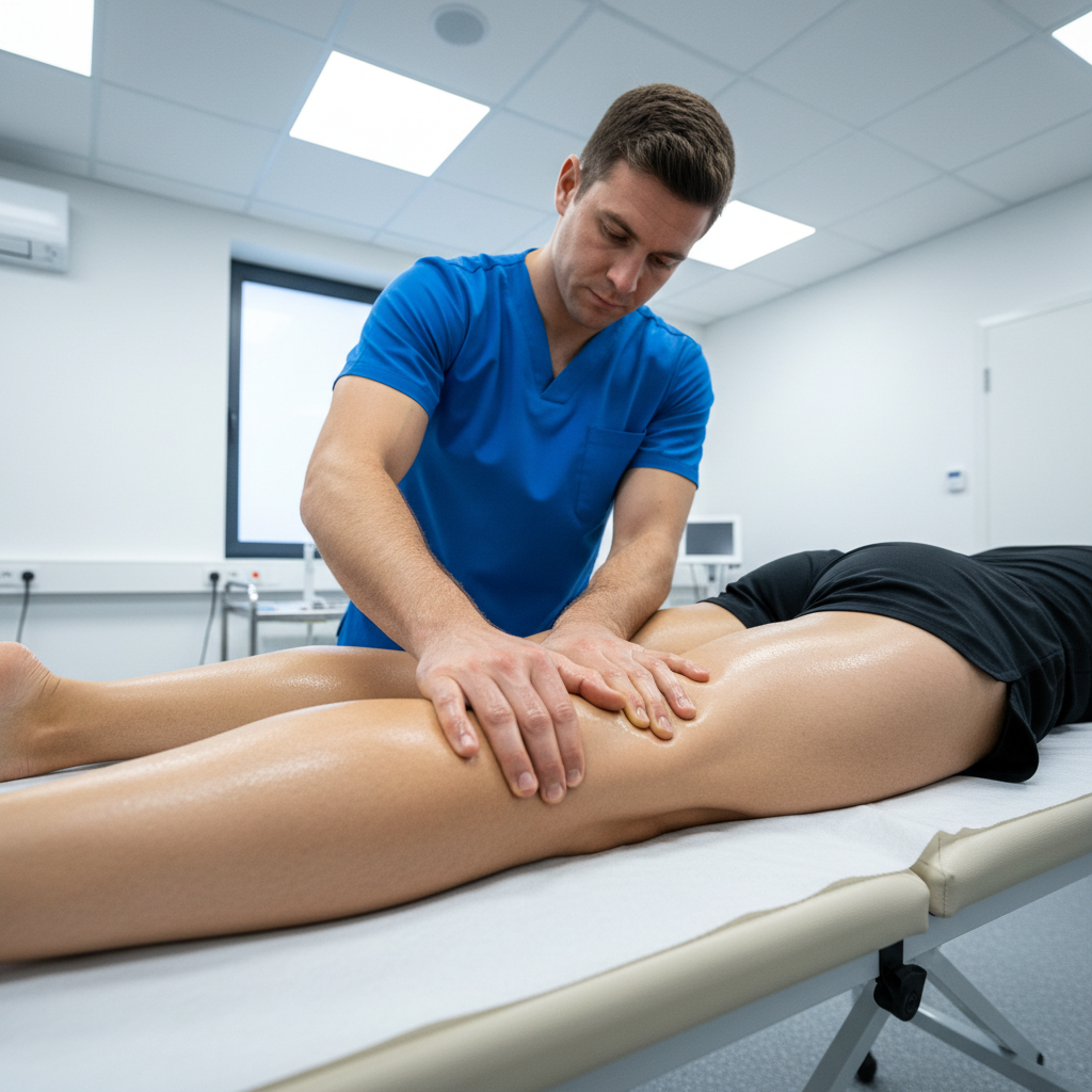 Sports massage on leg muscles of an athlete on a professional treatment table