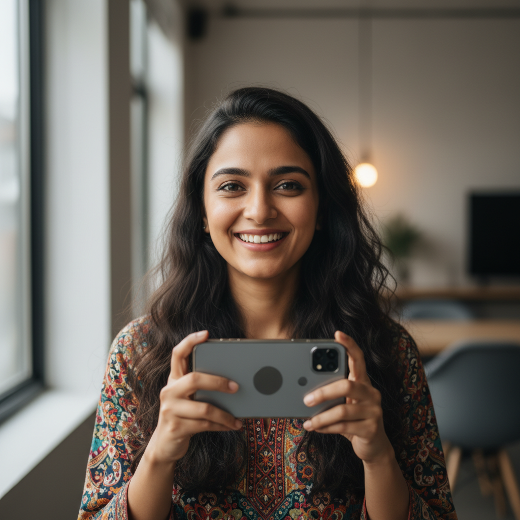 Wanita Indonesia content creator, tampilan estetik, pencahayaan studio lembut