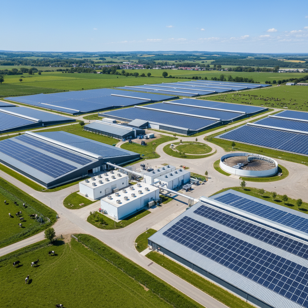 Panouri solare instalate pe clădirile unei ferme agricole cu câmpuri vizibile în fundal