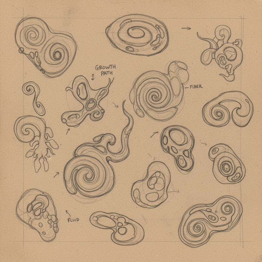 Croquis au crayon sur papier kraft, esquisses de formes organiques, dessins de recherche