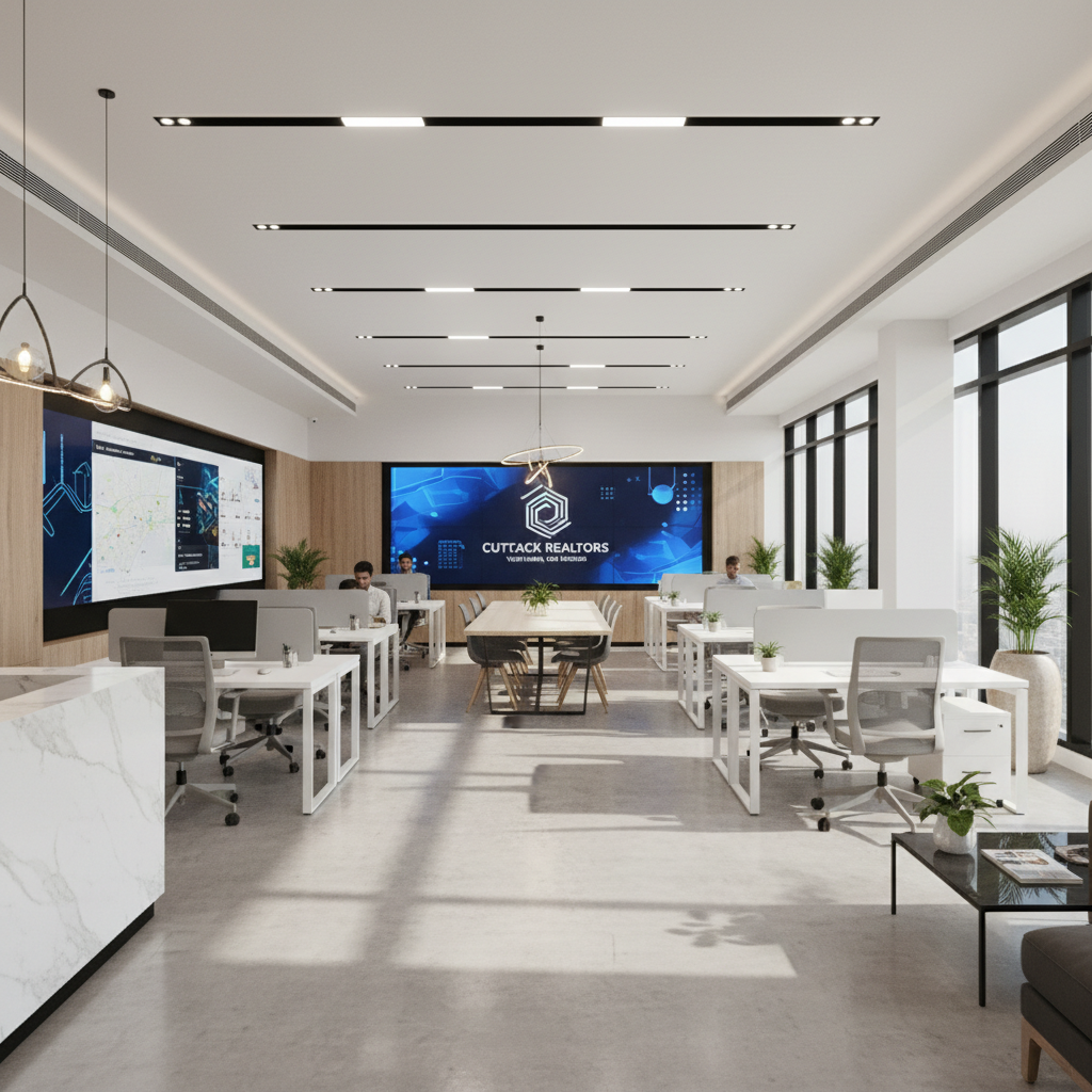 Modern bright Scottsdale commercial office interior with clean lines, open workspace, and warm natural light streaming through large windows