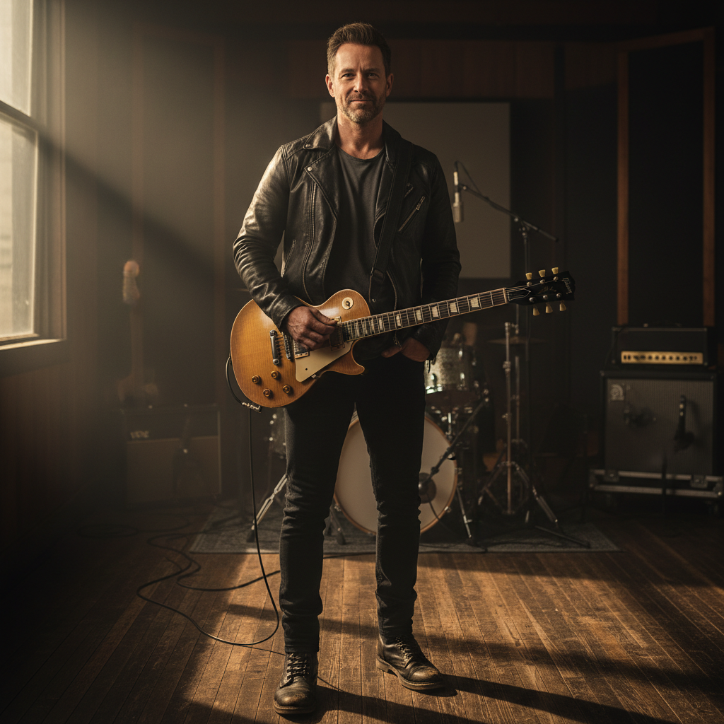 Professional portrait of a musician in warm studio lighting, thoughtful expression, dark atmospheric background