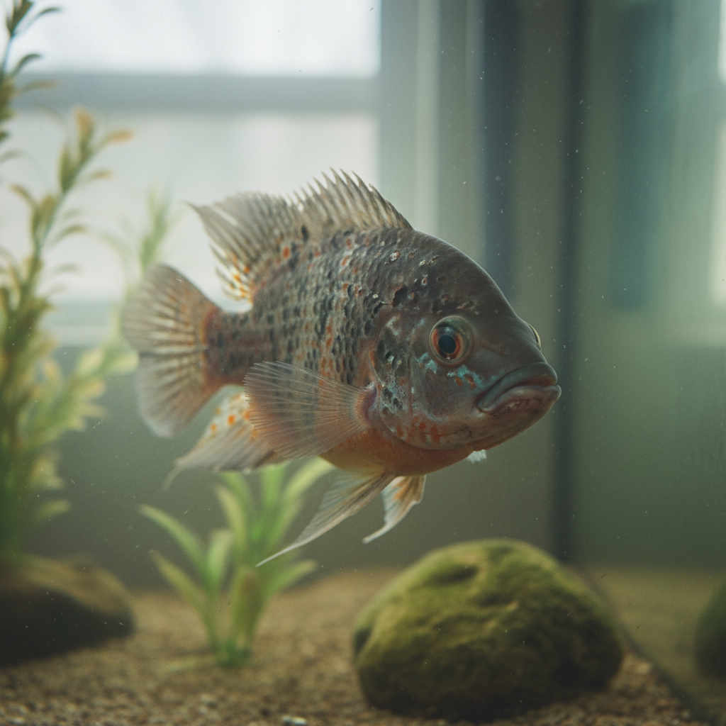 Oscar cichlid fish in poor condition in small aquarium showing stress coloration