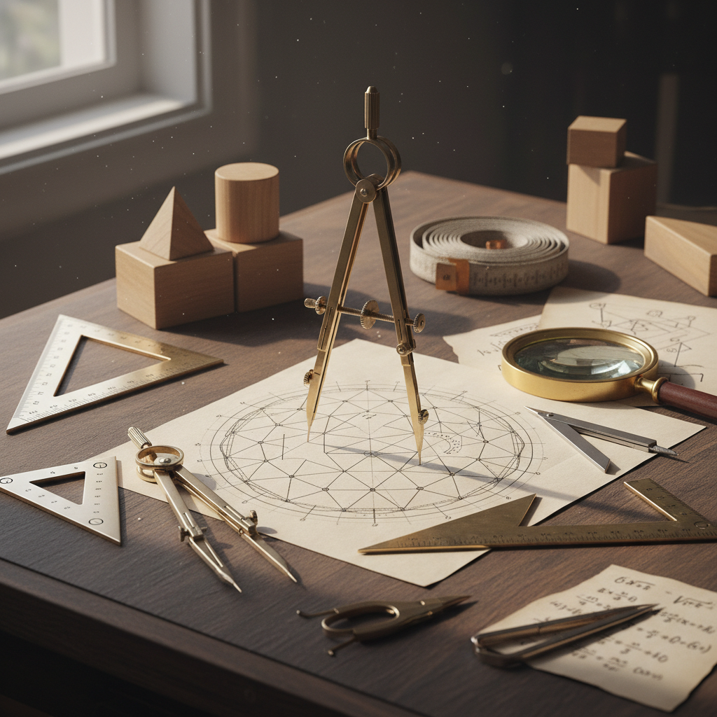 Geometric shapes and diagrams with measurement tools and calculations