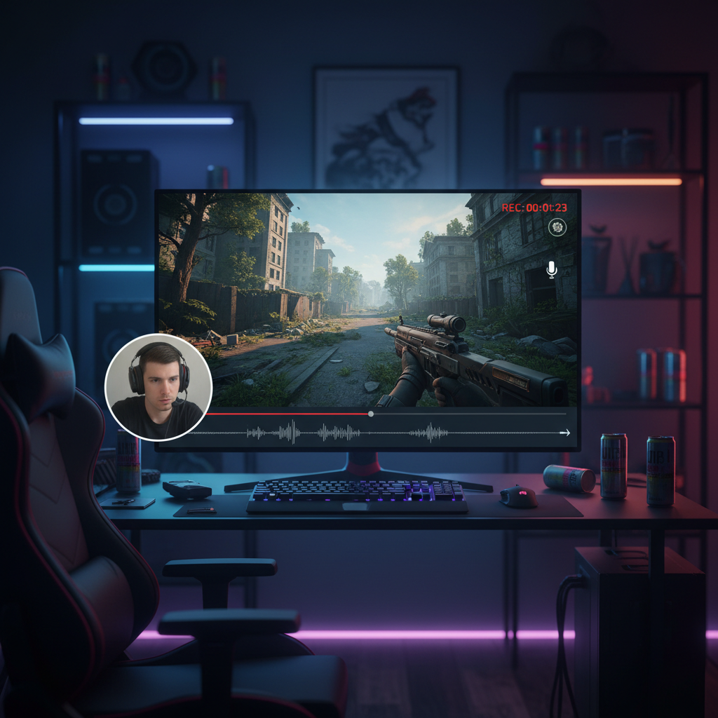 Gaming setup with monitors showing game footage