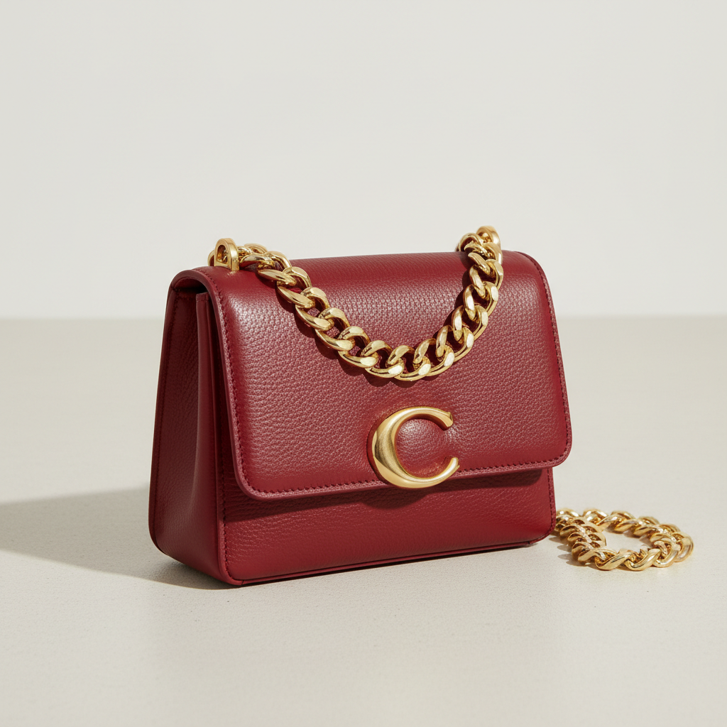 Mini tote bag canvas bege com alça de corrente dourada, bolsa feminina fashion