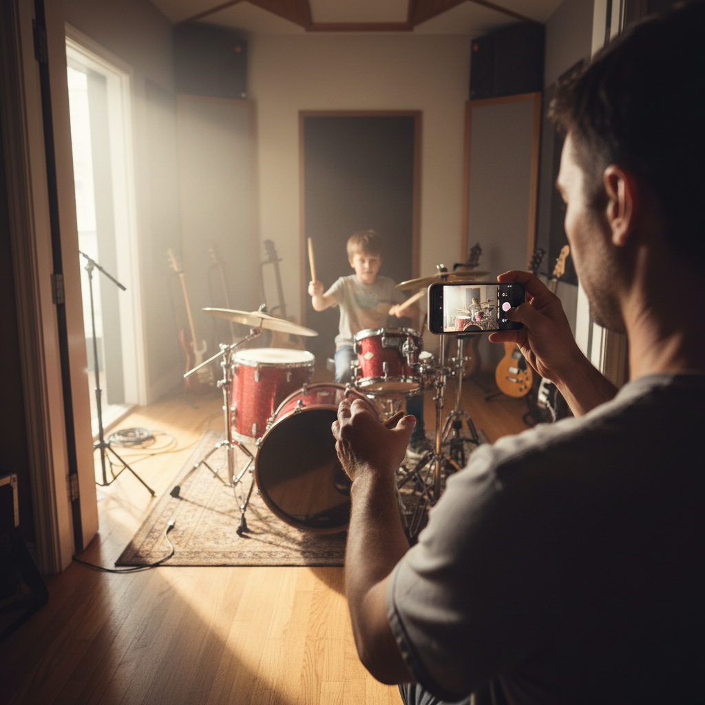 Parent holding phone up to film their child playing drums from the studio doorway