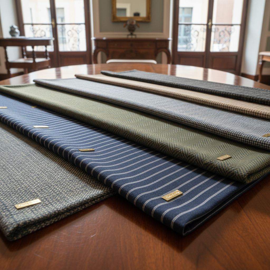 Premium Italian wool suit displayed in Milan boutique setting