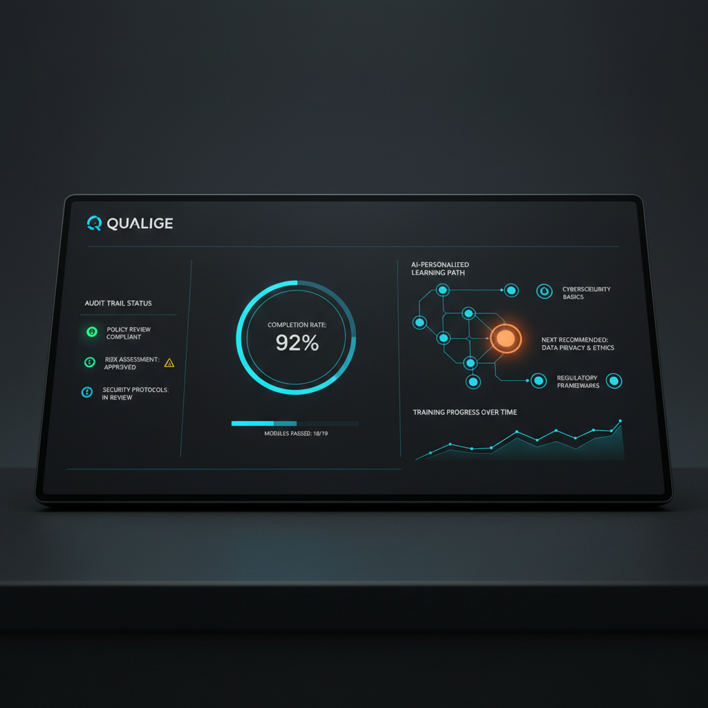 Online security training portal with course modules, lab environment, and student progress dashboard on dark interface