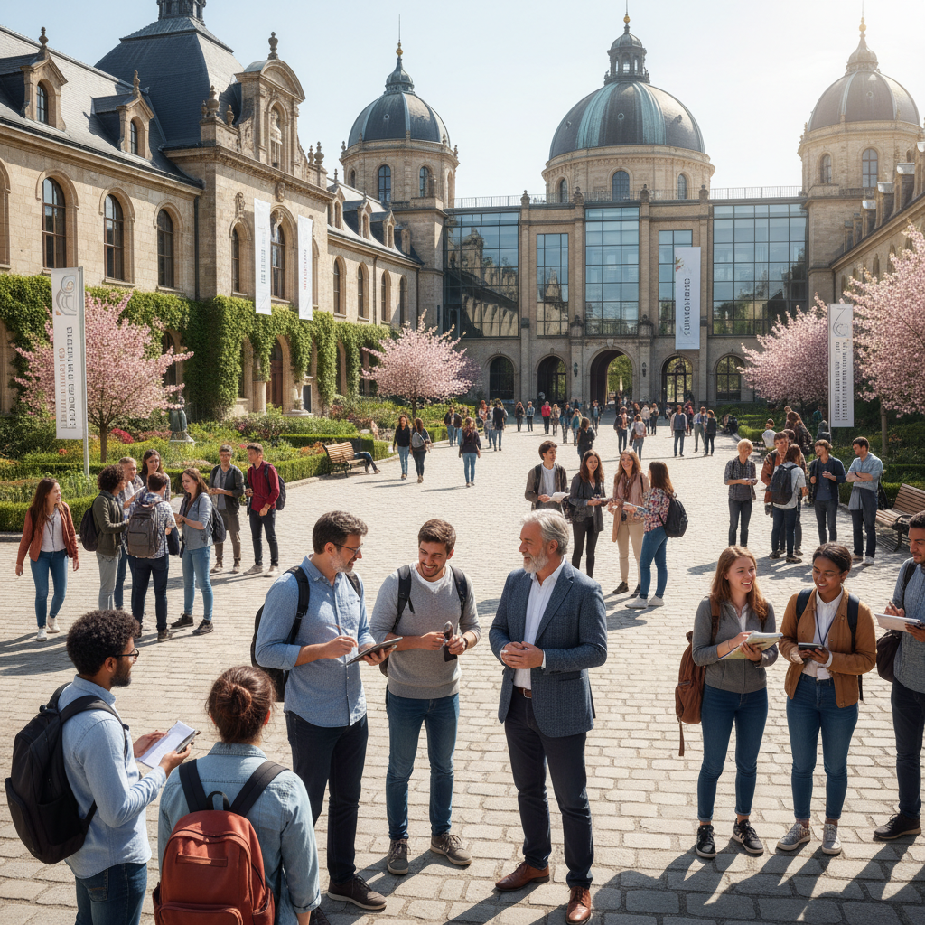 University campus with students gathered outside, bright daylight, open courtyard setting