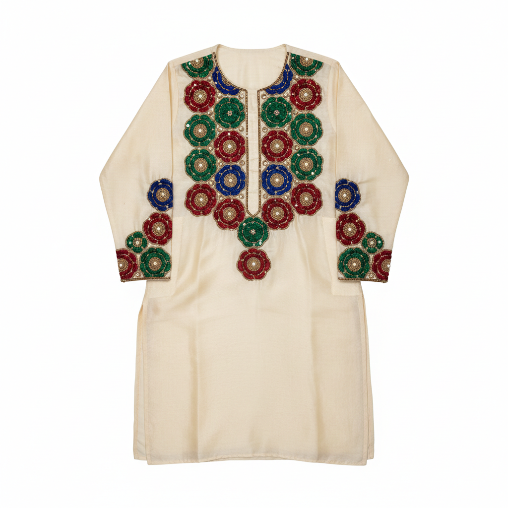 Cream colored formal kurta with subtle embroidery displayed on dark background with dramatic lighting