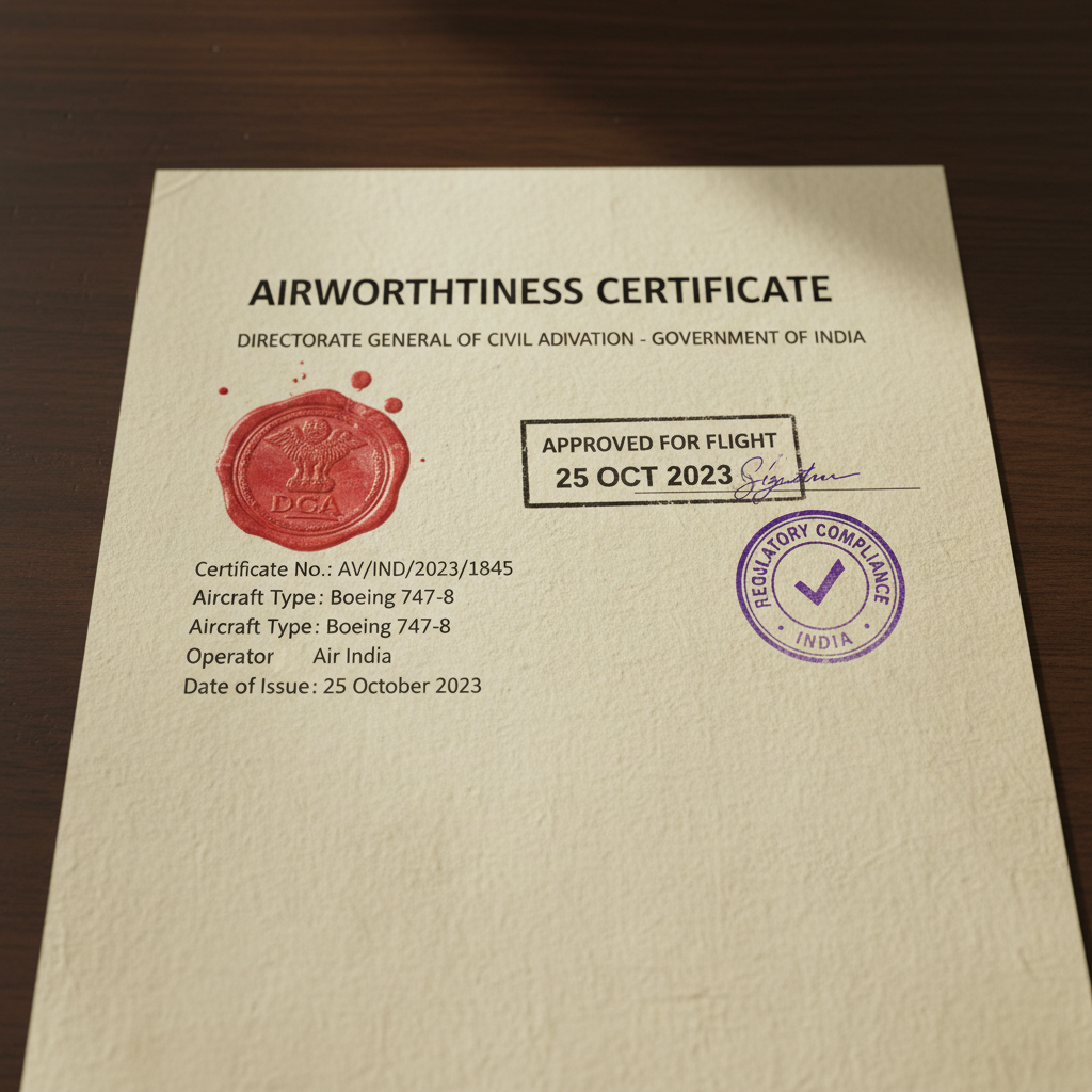 Official aviation certification document with DGCA seal and regulatory stamps