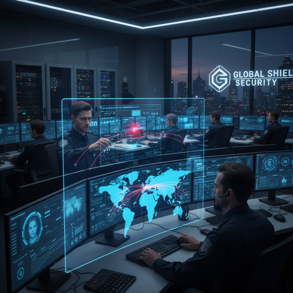Security monitoring screens in a professional control room with blue lighting