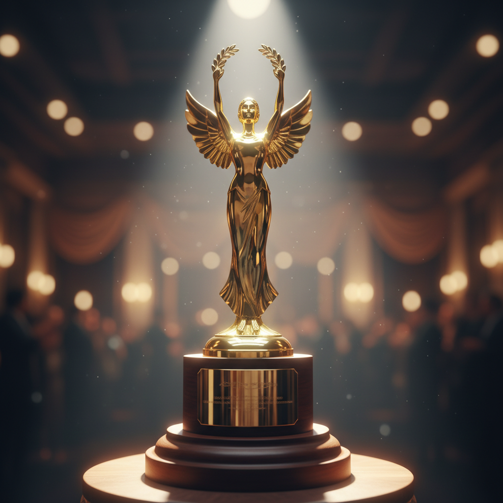 Award ceremony with golden trophy on elegant podium with spotlight illumination