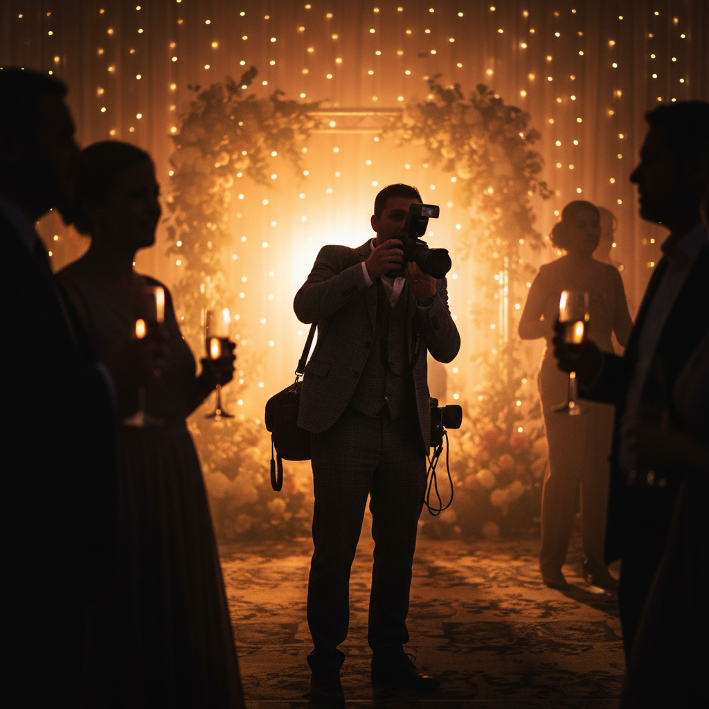 Photographer at a wedding reception struggling with backlit ceremony light, camera raised, uncertain posture