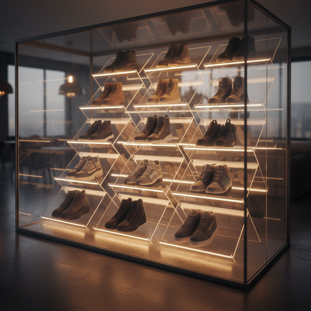 Illuminated custom shoe gallery with angled acrylic shelves and warm LED lighting in a luxury closet