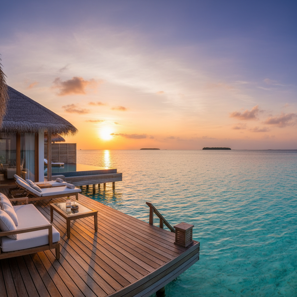 Maldives overwater villa at sunset with turquoise lagoon, deep shadow under the dock, rich moody lighting, dark ocean depth