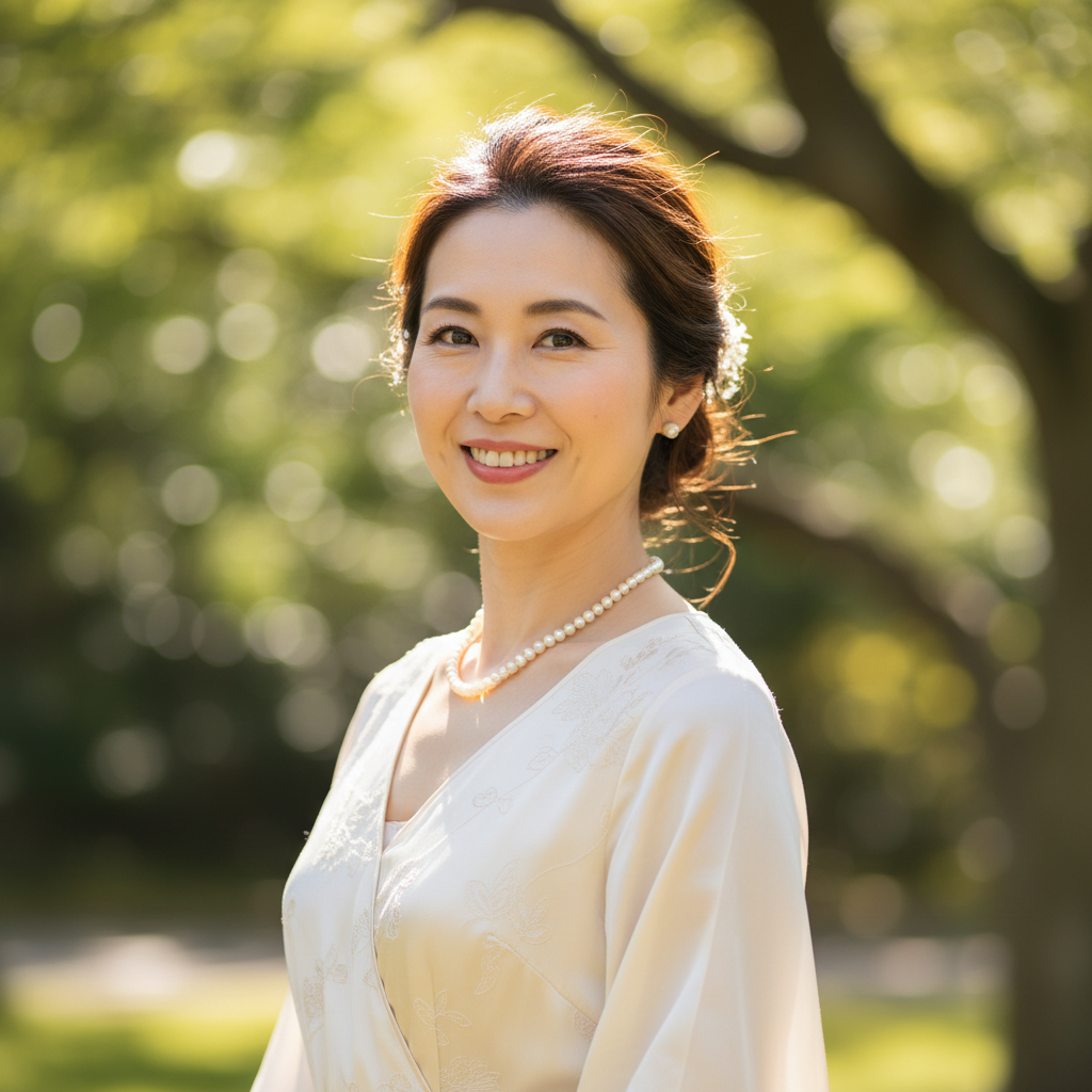 Happy young professional smiling outdoors in Japan, cherry blossom trees in background, bright sunny day, joyful expression
