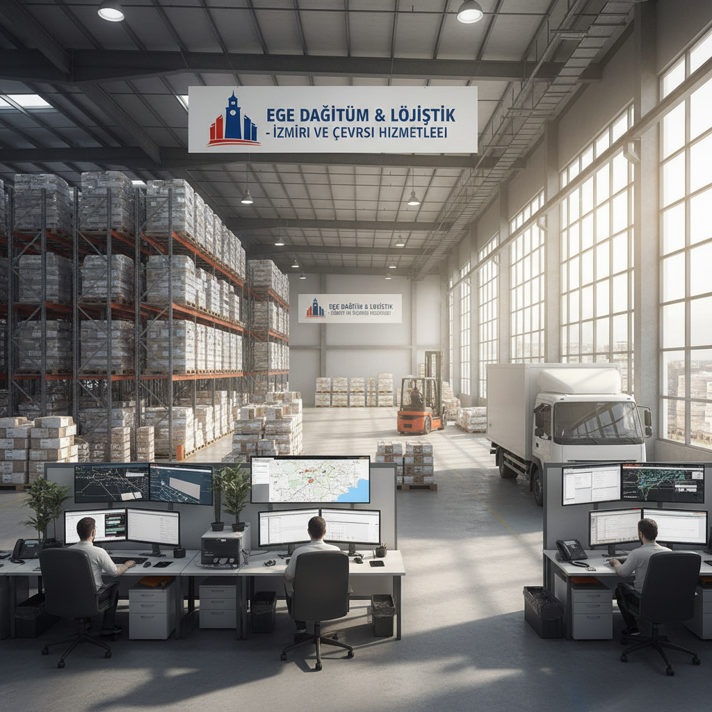 Logistics warehouse with forklifts and shipping containers