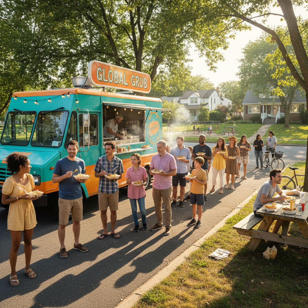 Neighbors gathered around a food truck at a block party, eating from paper boats on a sunny afternoon